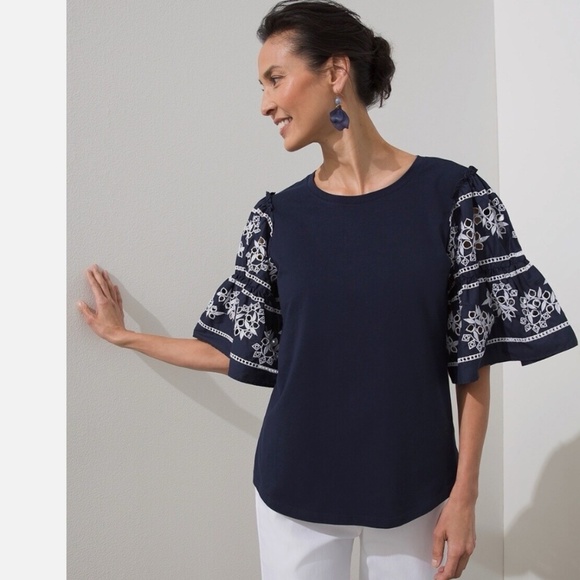 Chicos Embroidered Eyelet Tier Sleeve T shirt Pima Cotton Sz 4 = US: XXL Office - Picture 3 of 12